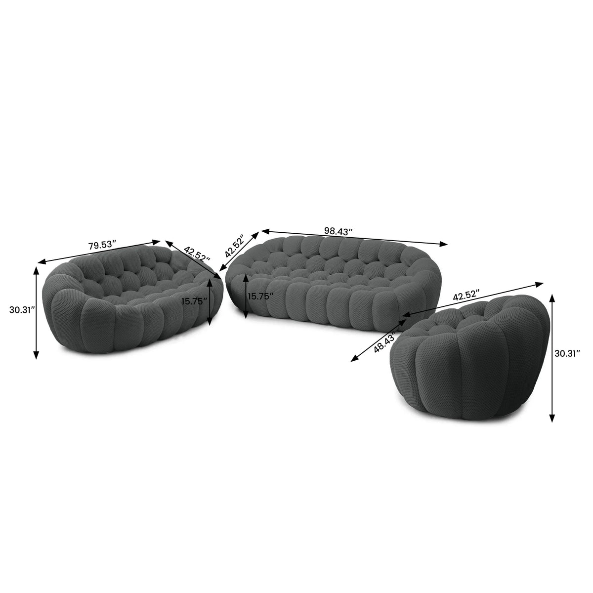 Juegos de sofá esenciales de 6 plazas en tela de punto 3D gris | 3 piezas, tela de punto 3D, amplio espacio