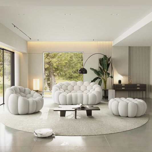 Sofás Essential Arc Boneless | Conjunto de sofás de 3 piezas en tejido de punto 3D gris claro, 3 plazas y 1 otomana