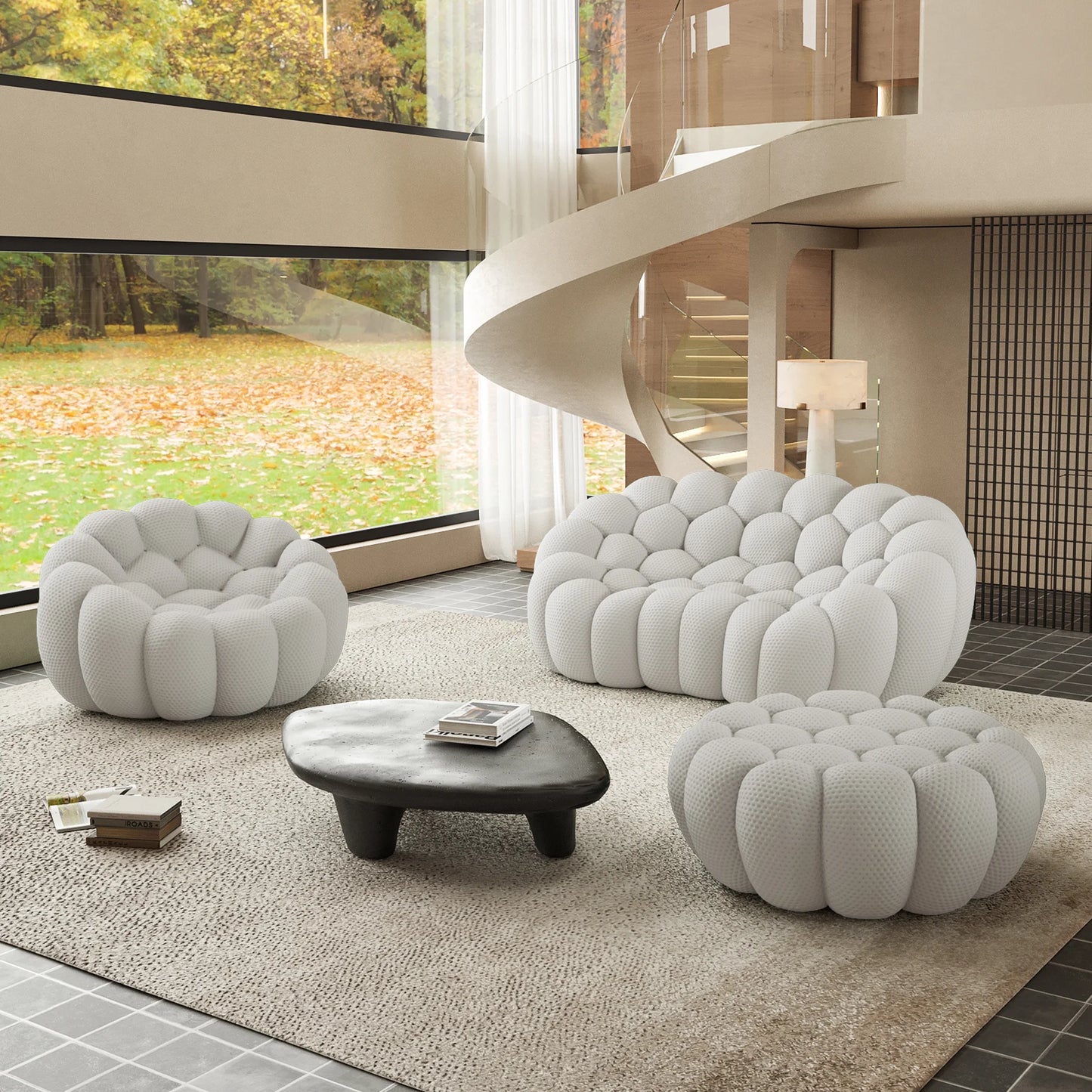 Sofás Essential Arc Boneless | Conjunto de sofás de 3 piezas en tejido de punto 3D gris claro, 3 plazas y 1 otomana