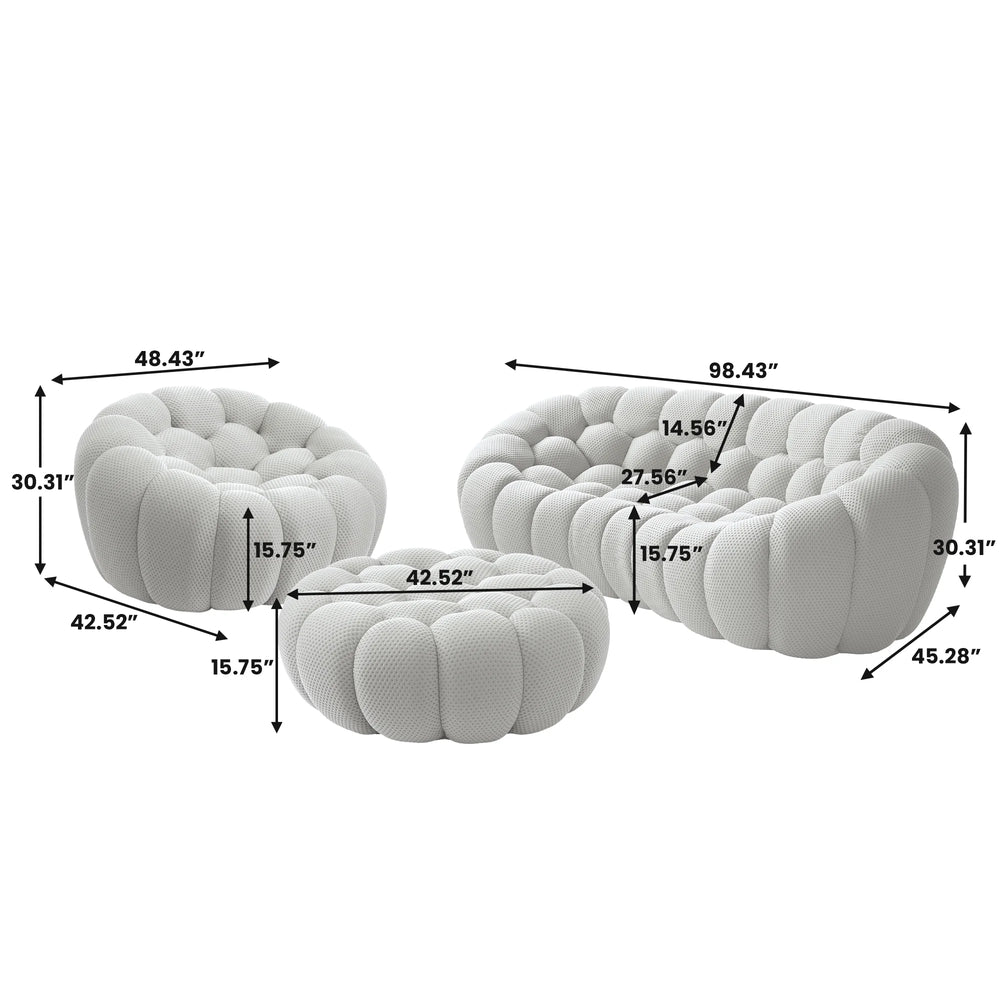 Sofás Essential Arc Boneless | Conjunto de sofás de 3 piezas en tejido de punto 3D gris claro de 4 plazas con 1 otomana