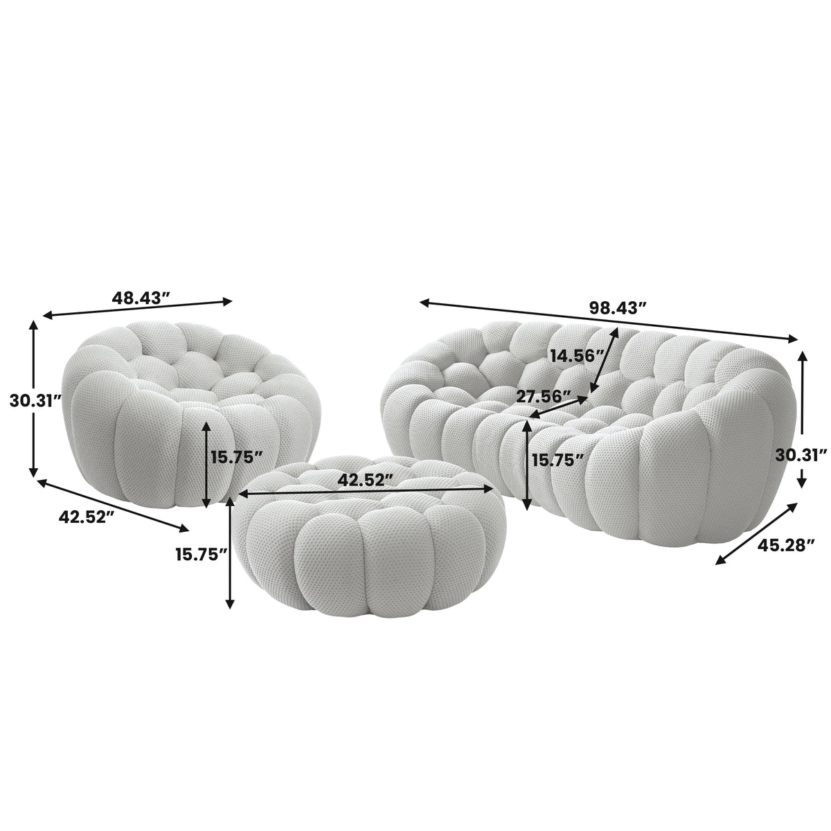 Essential 4-Seater light-grey 3D-Knitted Fabric Sofa Sets | 3-Piece (includes 1 Ottoman), 3D-Knitted Fabric, Large Space