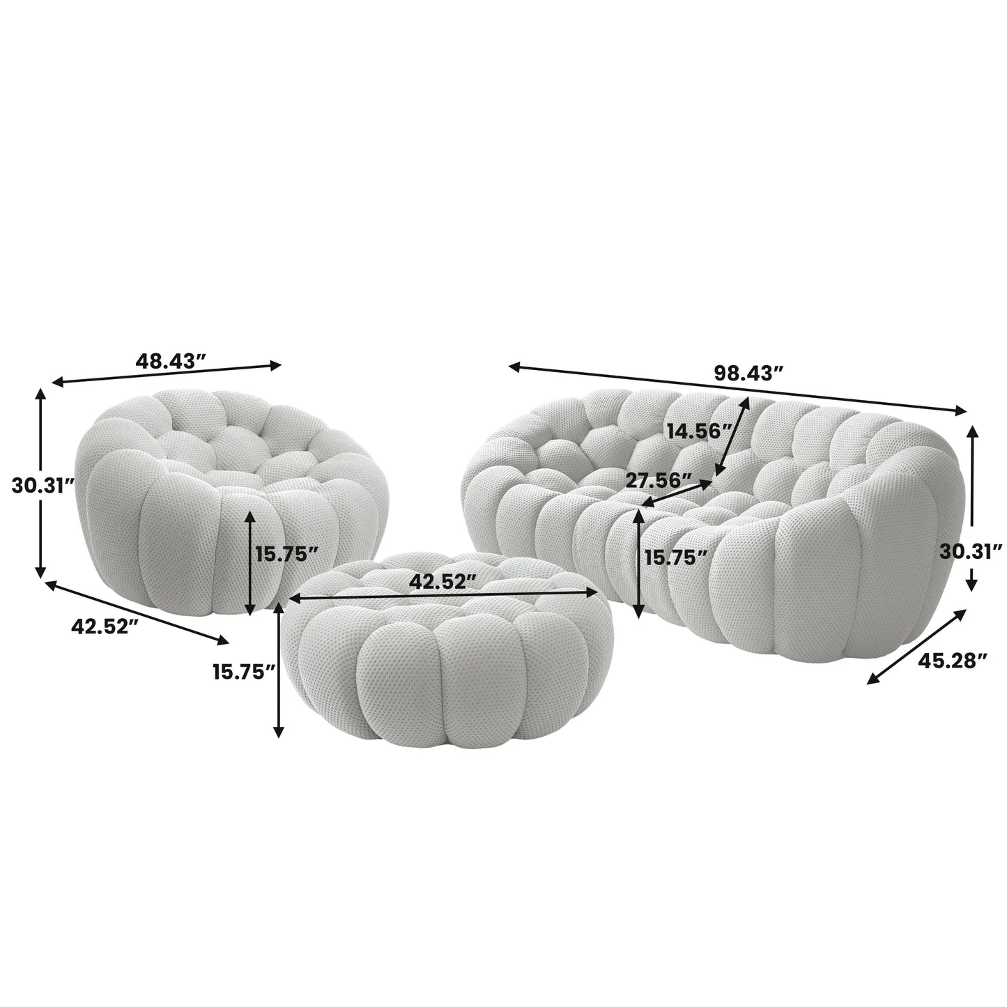 Sofás Essential Arc Boneless | Conjunto de sofás de 3 piezas en tejido de punto 3D gris claro de 4 plazas con 1 otomana