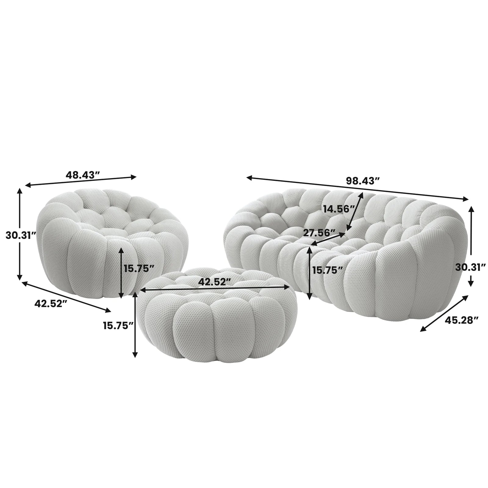 Essential 4-Seater light-grey 3D-Knitted Fabric Sofa Sets | 3-Piece (includes 1 Ottoman), 3D-Knitted Fabric, Large Space