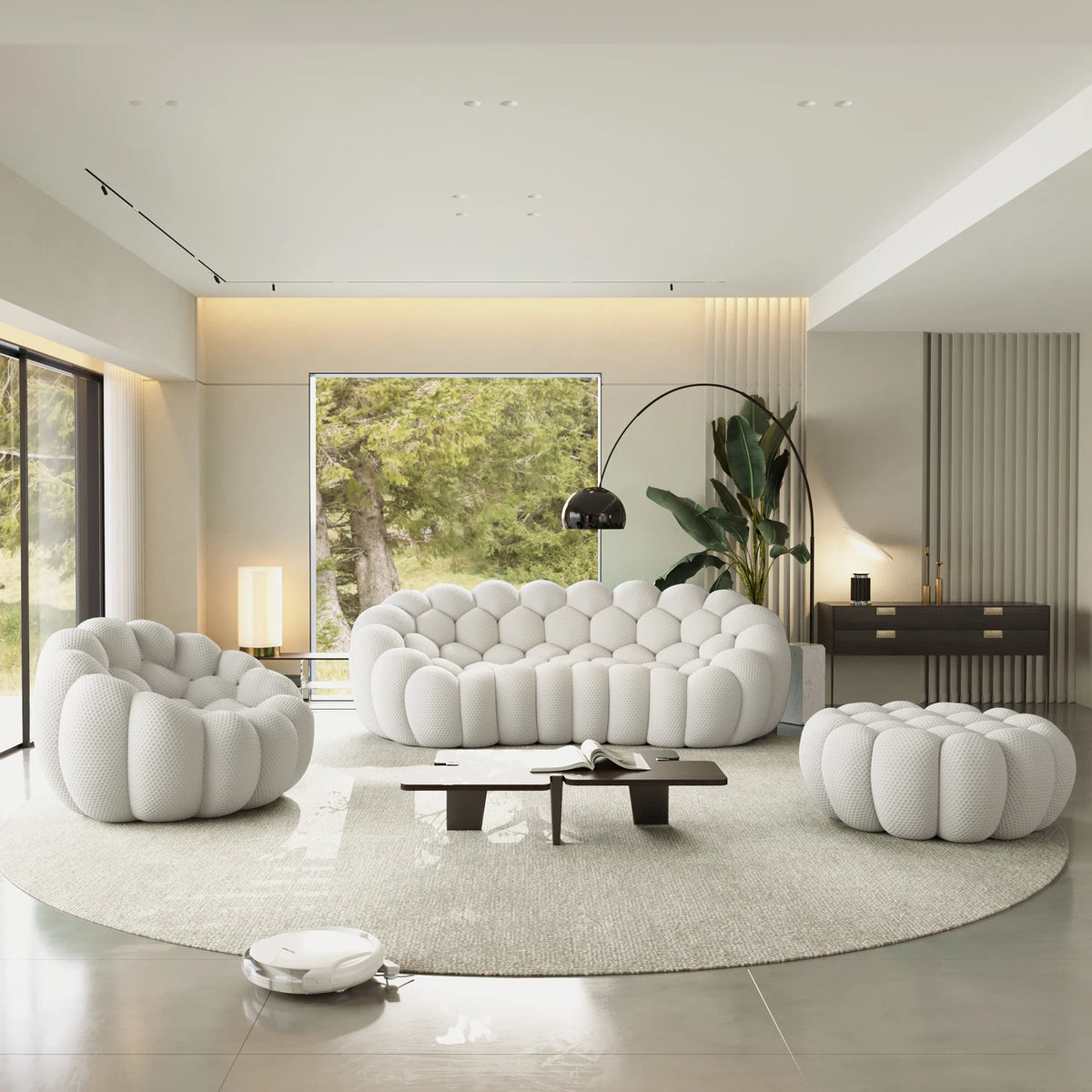 Essential 4-Seater light-grey 3D-Knitted Fabric Sofa Sets | 3-Piece (includes 1 Ottoman), 3D-Knitted Fabric, Large Space