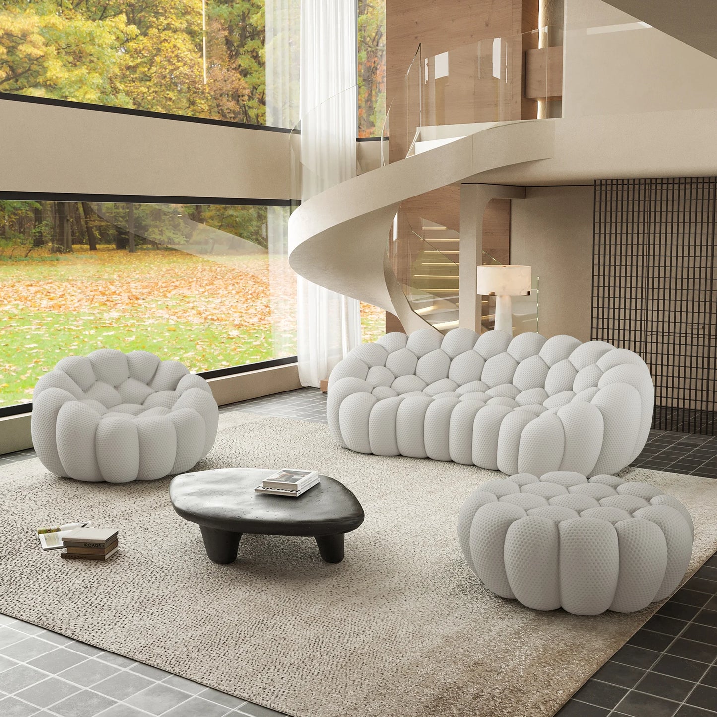 Sofás Essential Arc Boneless | Conjunto de sofás de 3 piezas en tejido de punto 3D gris claro de 4 plazas con 1 otomana