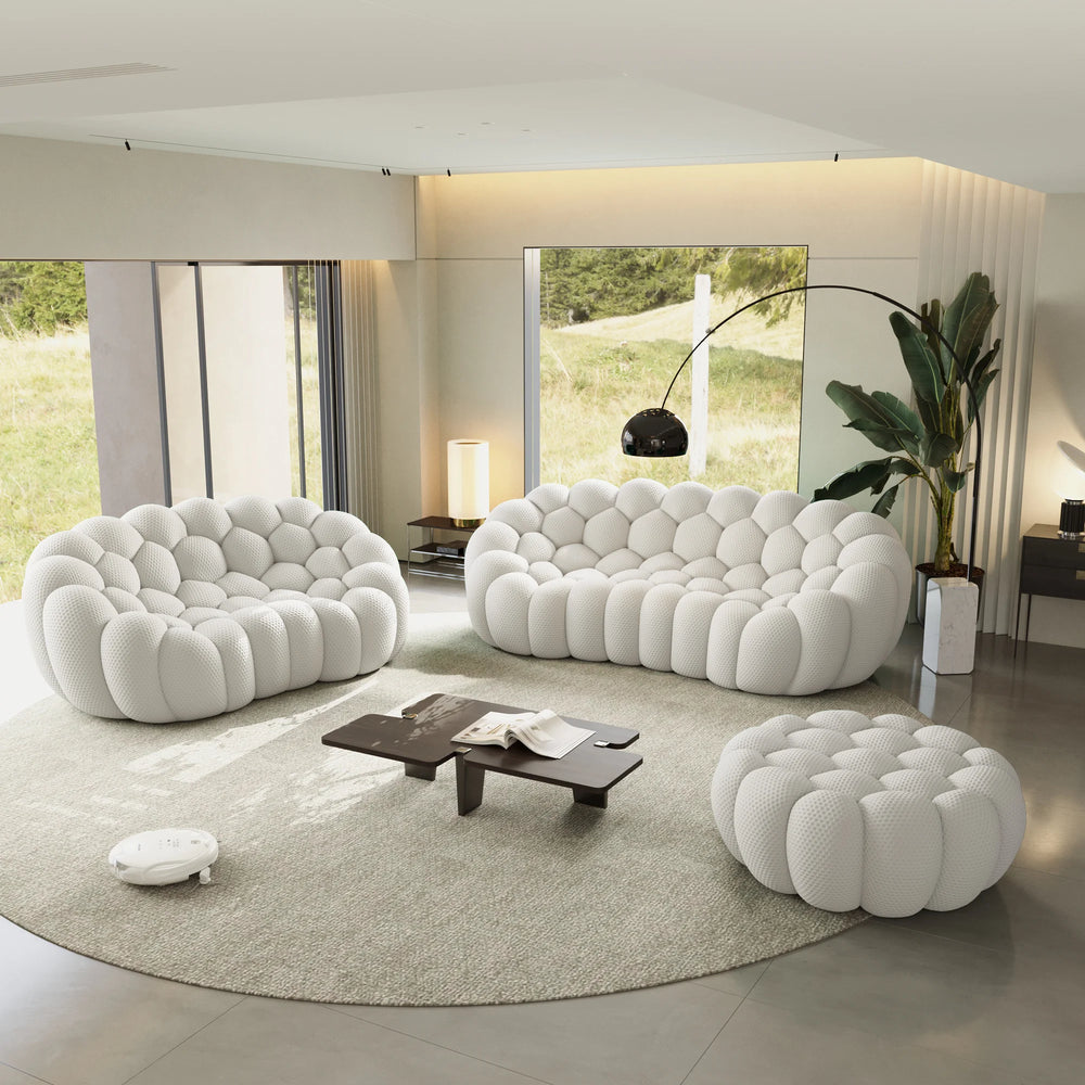 Sofás Essential Arc Boneless | Conjunto de sofás de 3 piezas en tejido de punto 3D gris claro de 5 plazas con 1 otomana