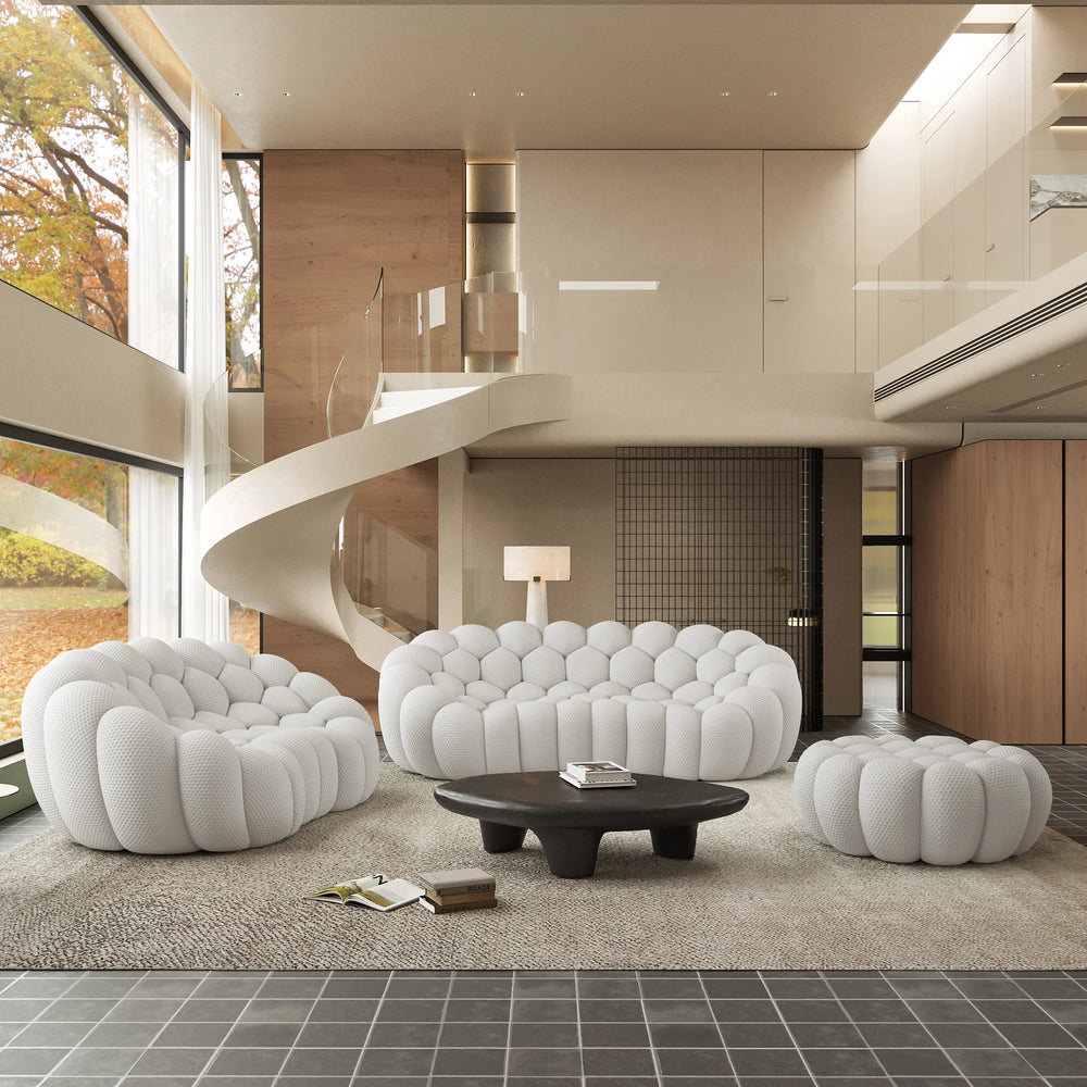 Sofás Essential Arc Boneless | Conjunto de sofás de 3 piezas en tejido de punto 3D gris claro de 5 plazas con 1 otomana