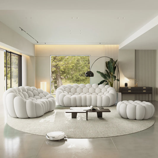 Sofás Essential Arc Boneless | Conjunto de sofás de 3 piezas en tejido de punto 3D gris claro de 5 plazas con 1 otomana