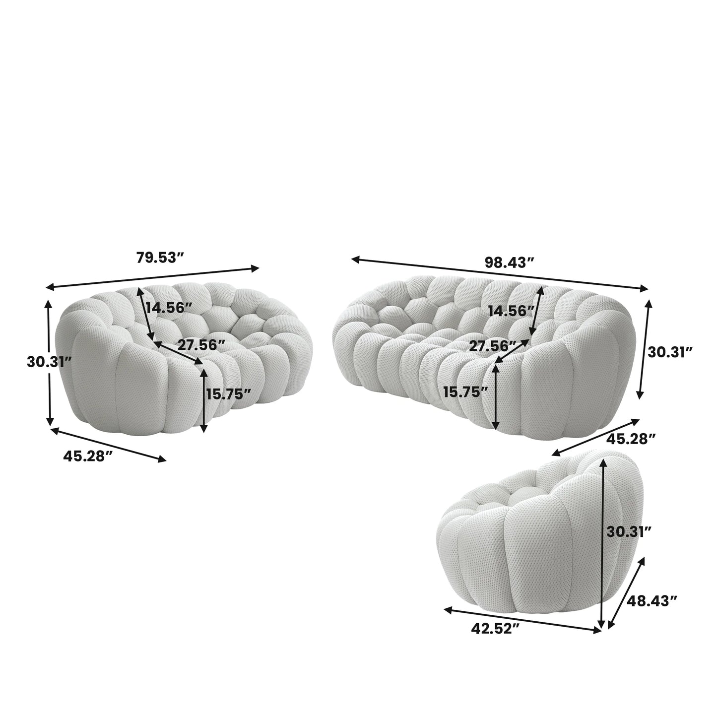 Sofás Essential Arc Boneless | Conjunto de sofás de 3 piezas en tejido de punto 3D gris claro de 6 plazas
