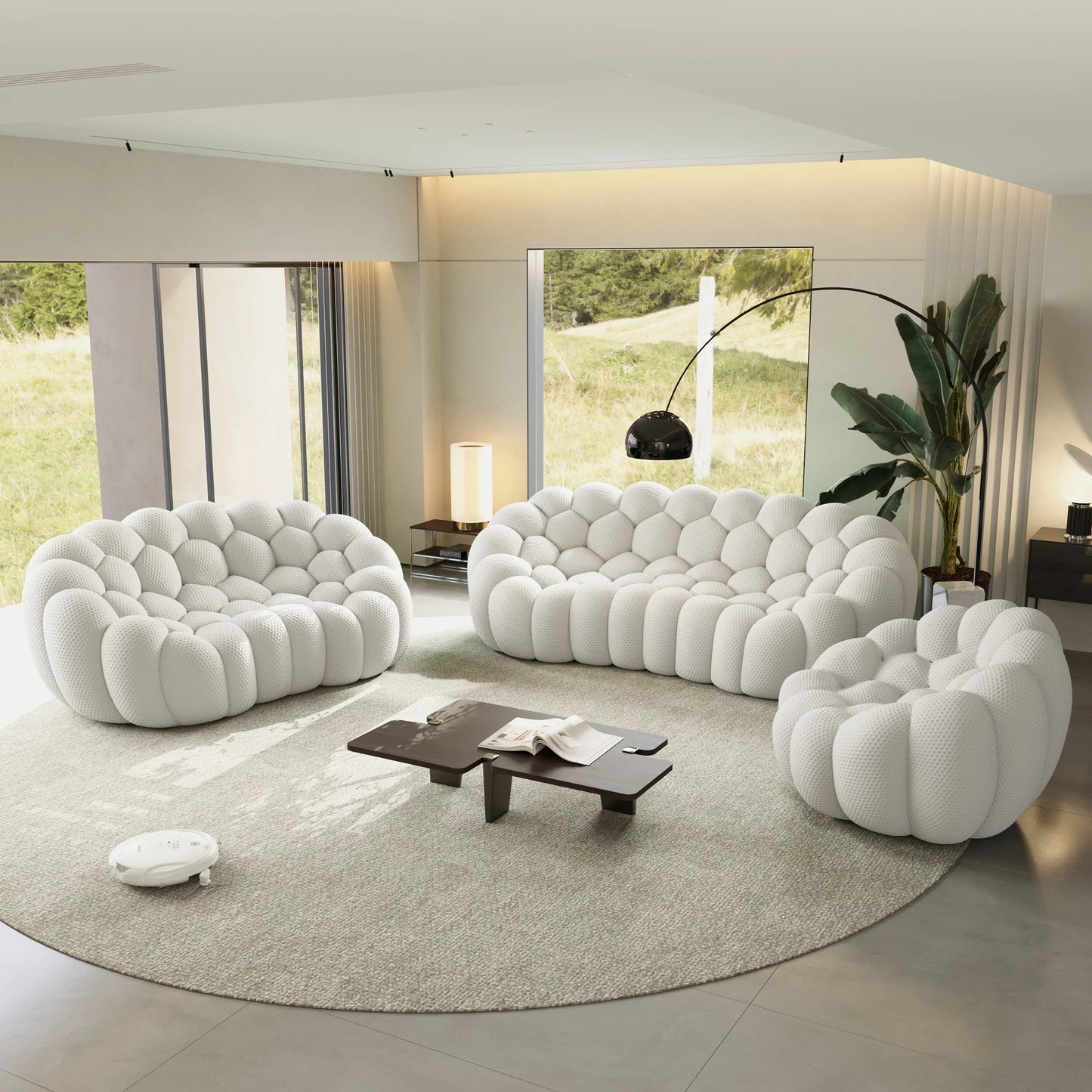 Sofás Essential Arc Boneless | Conjunto de sofás de 3 piezas en tejido de punto 3D gris claro de 6 plazas