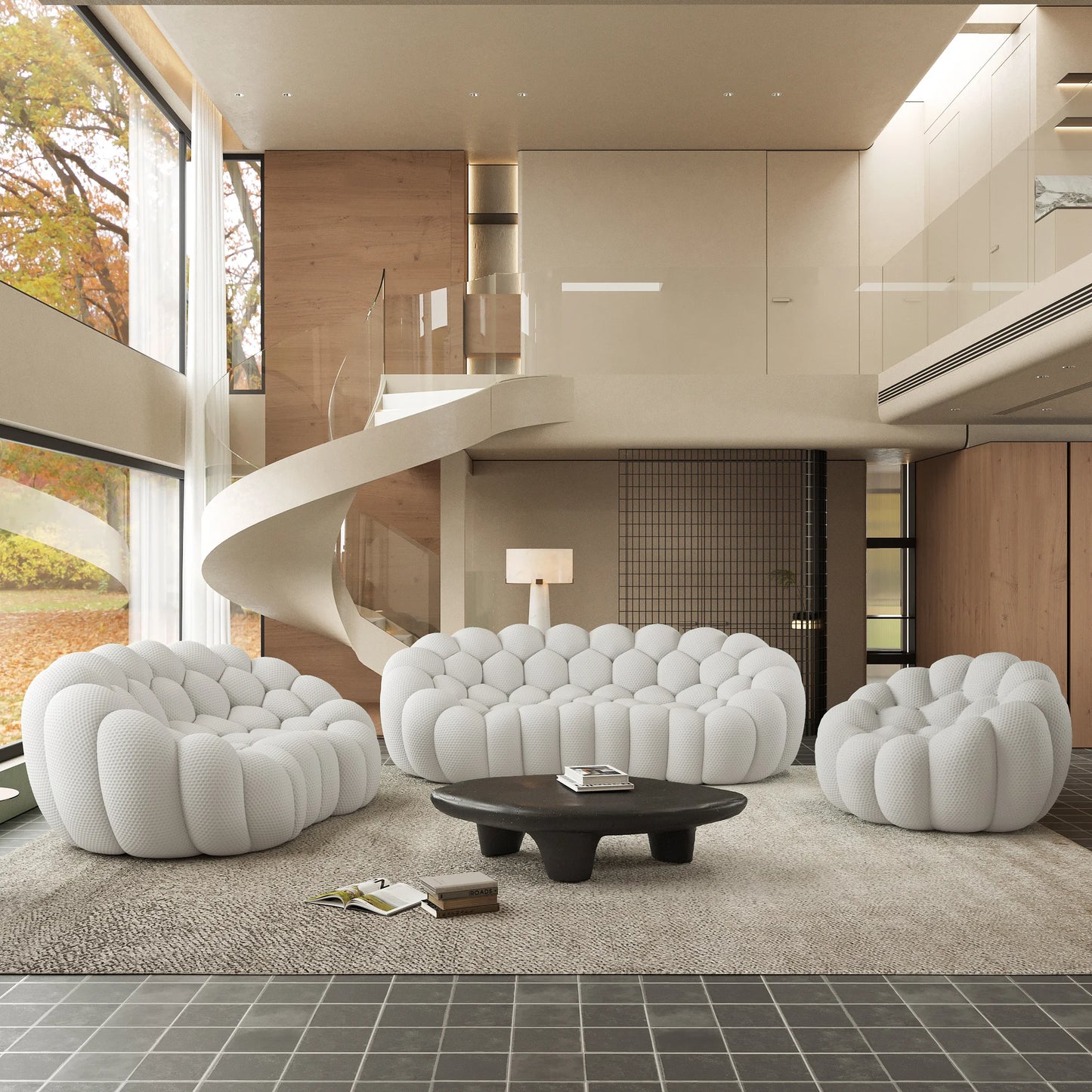 Sofás Essential Arc Boneless | Conjunto de sofás de 3 piezas en tejido de punto 3D gris claro de 6 plazas