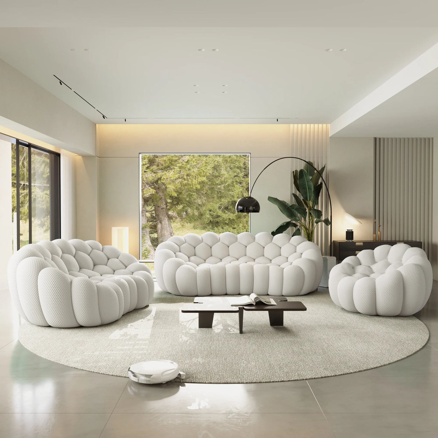 Sofás Essential Arc Boneless | Conjunto de sofás de 3 piezas en tejido de punto 3D gris claro de 6 plazas