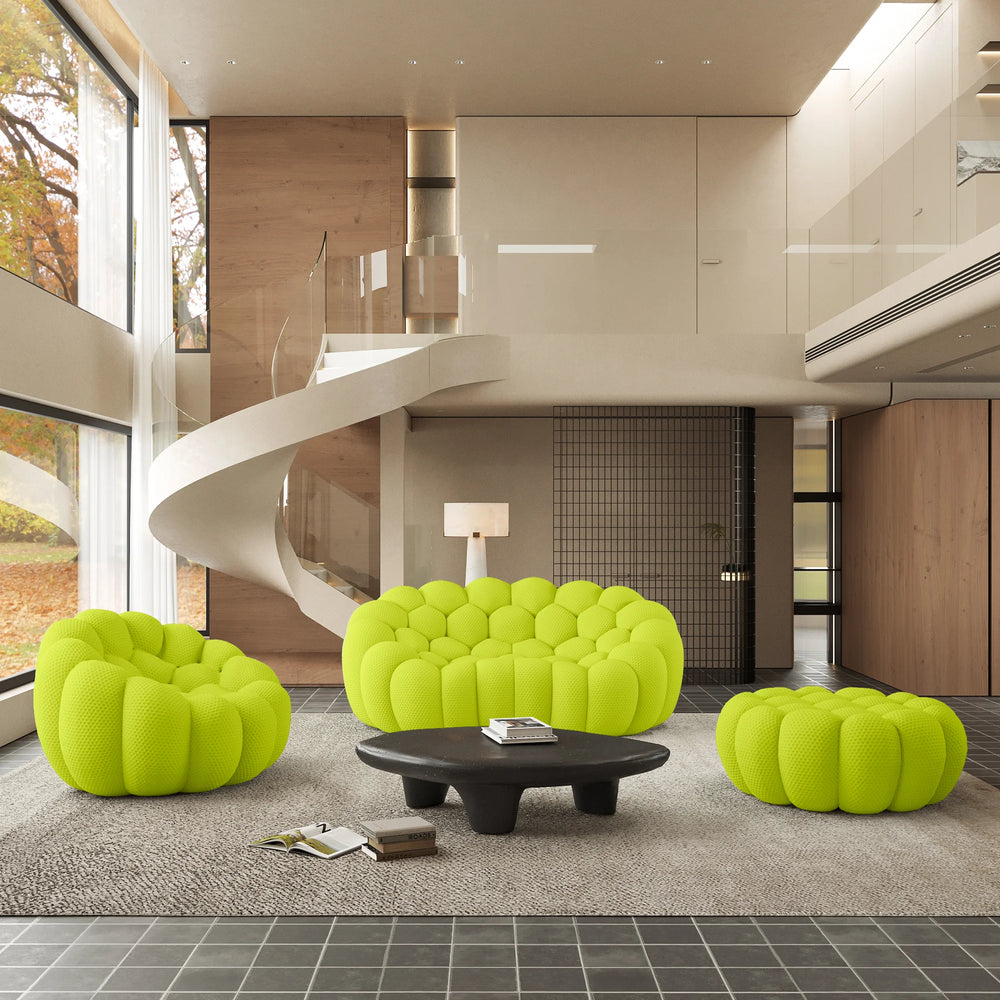 Sofás Essential Arc Boneless | Conjunto de sofás de 3 piezas en tejido de punto 3D verde lima, 3 plazas y 1 otomana