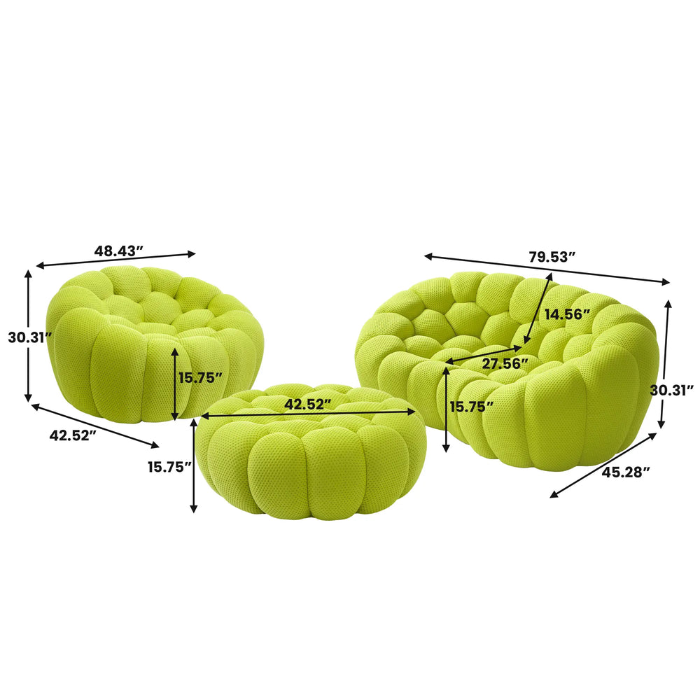 Sofás Essential Arc Boneless | Conjunto de sofás de 3 piezas en tejido de punto 3D verde lima, 3 plazas y 1 otomana