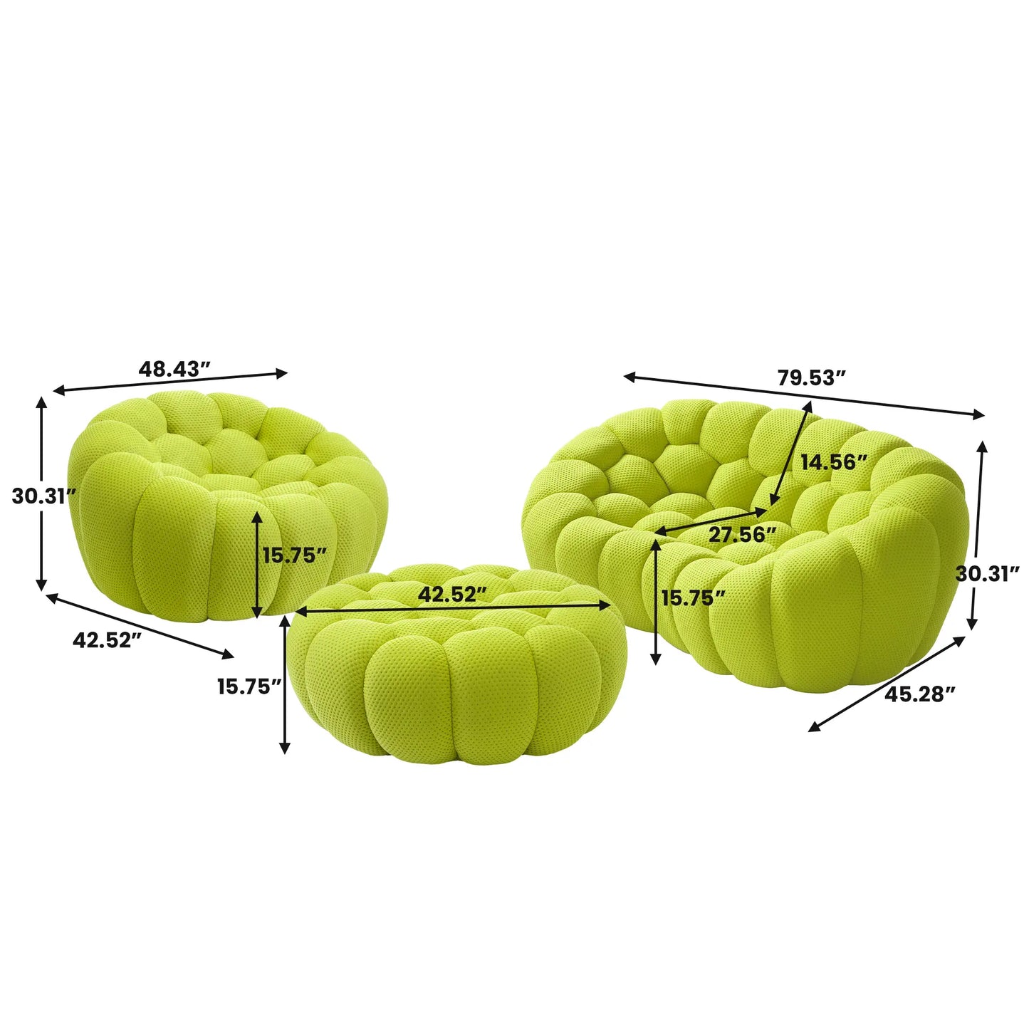 Sofás Essential Arc Boneless | Conjunto de sofás de 3 piezas en tejido de punto 3D verde lima, 3 plazas y 1 otomana