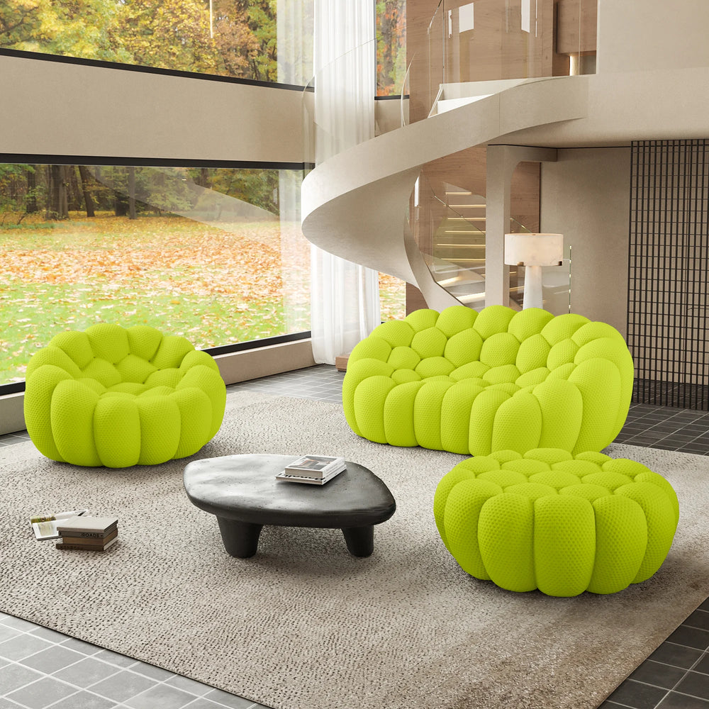 Sofás Essential Arc Boneless | Conjunto de sofás de 3 piezas en tejido de punto 3D verde lima, 3 plazas y 1 otomana