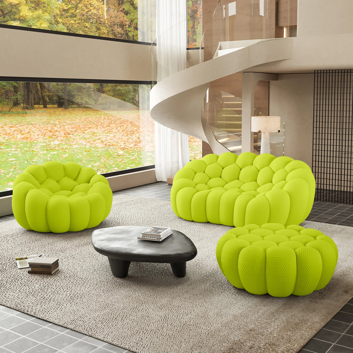 Essential 3-Seater lime-green 3D-Knitted Fabric Sofa Sets | 3-Piece (includes 1 Ottoman), 3D-Knitted Fabric, Compact Design