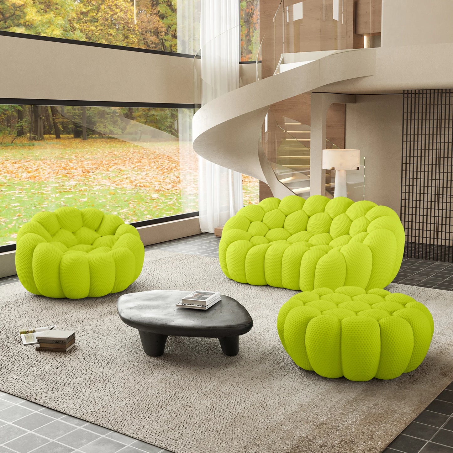 Sofás Essential Arc Boneless | Conjunto de sofás de 3 piezas en tejido de punto 3D verde lima, 3 plazas y 1 otomana