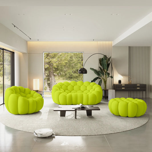 Sofás Essential Arc Boneless | Conjunto de sofás de 3 piezas en tejido de punto 3D verde lima, 3 plazas y 1 otomana