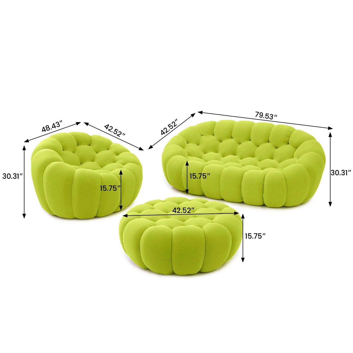 Essential Armless Floor Sofas | 3-Piece 3D Knitted Fabric Lime Green Sofa Sets 3-Seater With 1 Ottoman