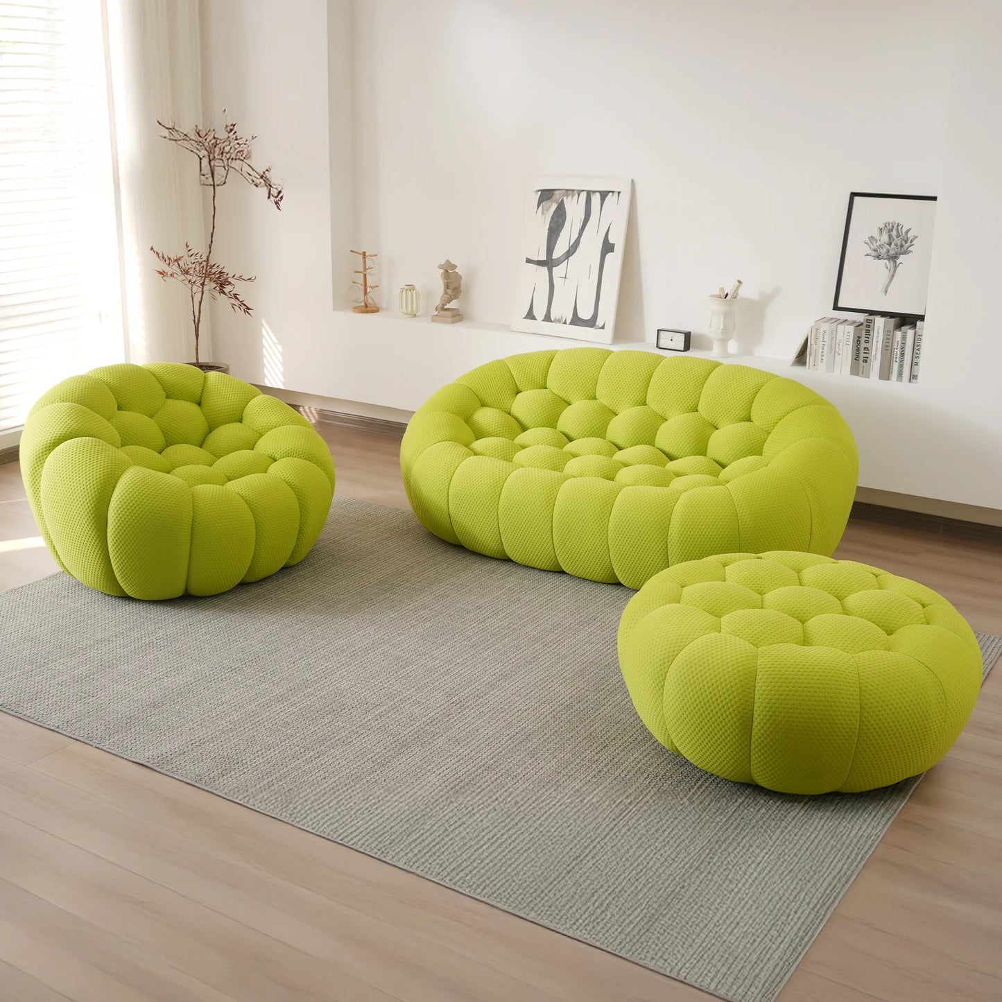 Essential Armless Floor Sofas | 3-Piece 3D Knitted Fabric Lime Green Sofa Sets 3-Seater With 1 Ottoman