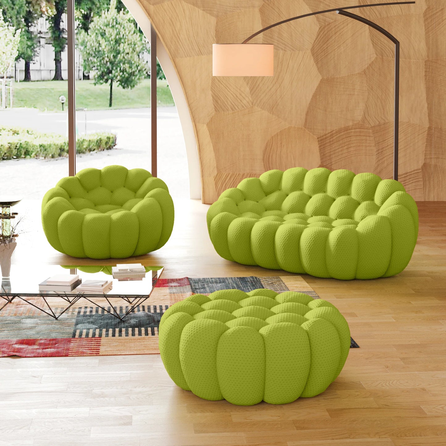 Essential Armless Floor Sofas | 3-Piece 3D Knitted Fabric Lime Green Sofa Sets 3-Seater With 1 Ottoman