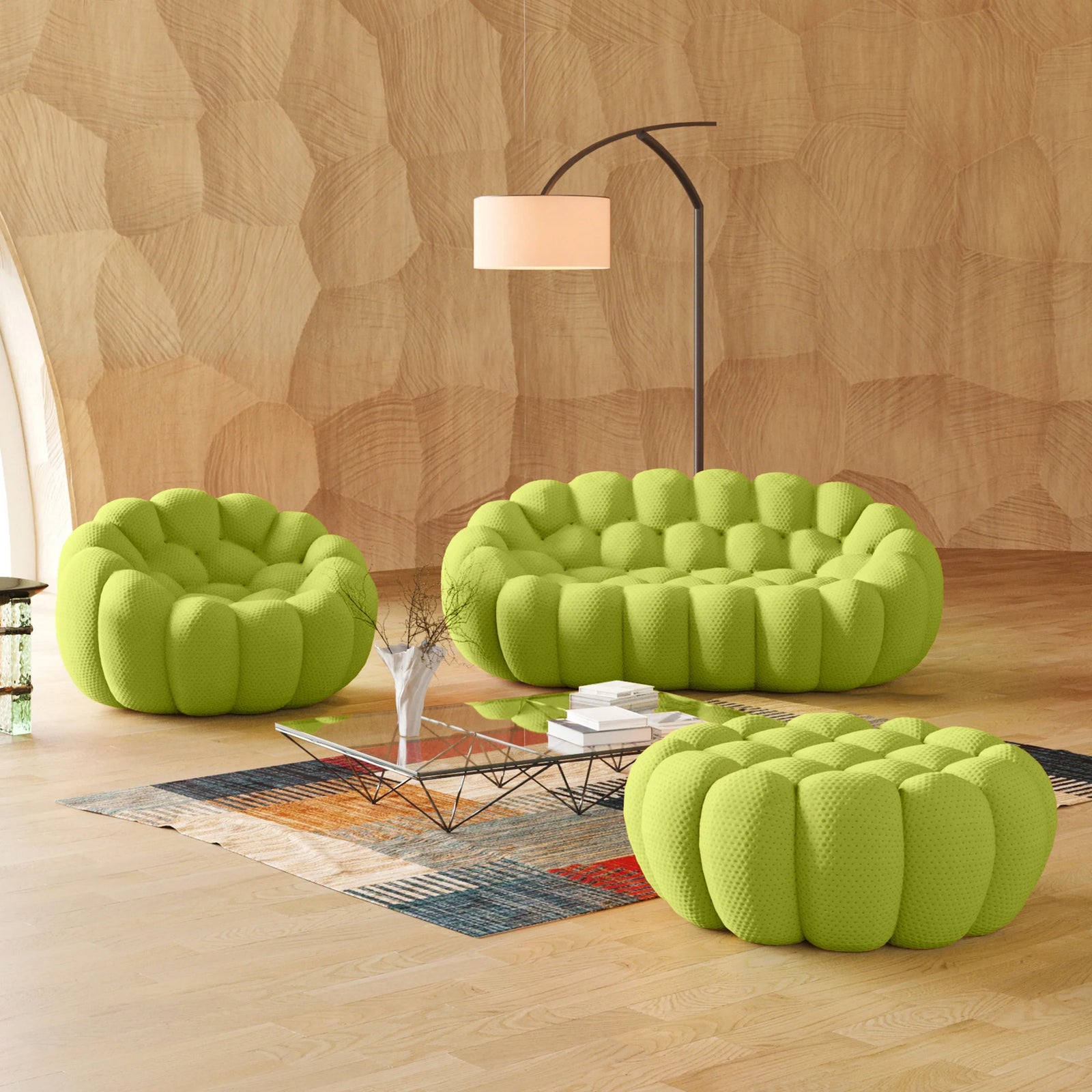 Essential 3-Seater lime-green 3D-Knitted Fabric Sofa Sets | 3-Piece (includes 1 Ottoman), 3D-Knitted Fabric, Large Space