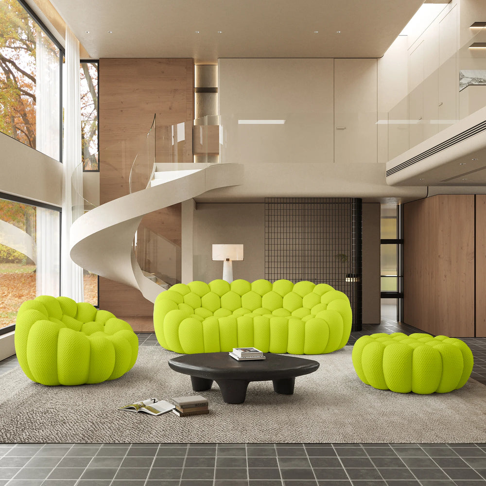 Sofás Essential Arc Boneless | Conjunto de sofás de 3 piezas de tejido de punto 3D verde lima de 4 plazas con 1 otomana