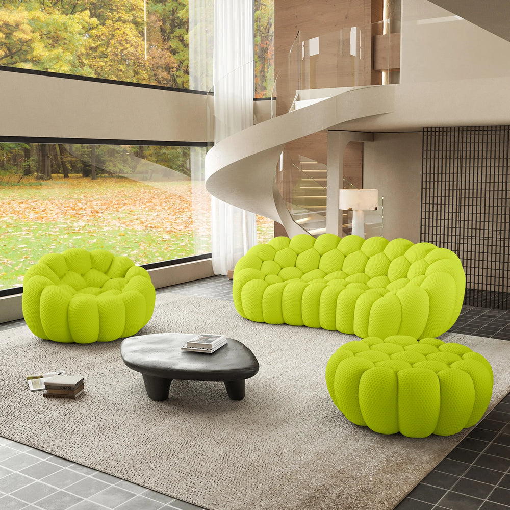 Sofás Essential Arc Boneless | Conjunto de sofás de 3 piezas de tejido de punto 3D verde lima de 4 plazas con 1 otomana