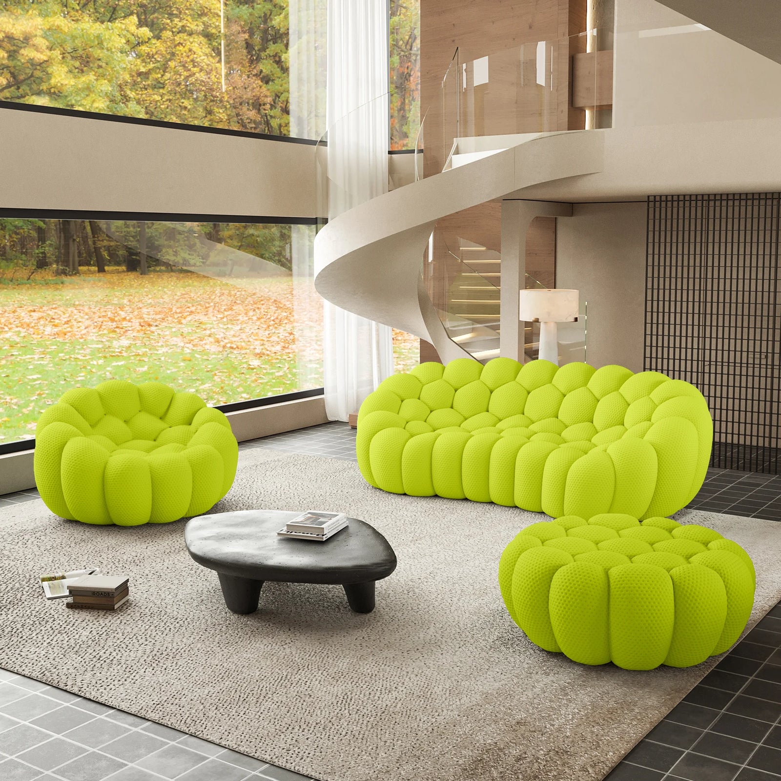 Essential 4-Seater lime-green 3D-Knitted Fabric Sofa Sets | 3-Piece (includes 1 Ottoman), 3D-Knitted Fabric, Apartment Friendly