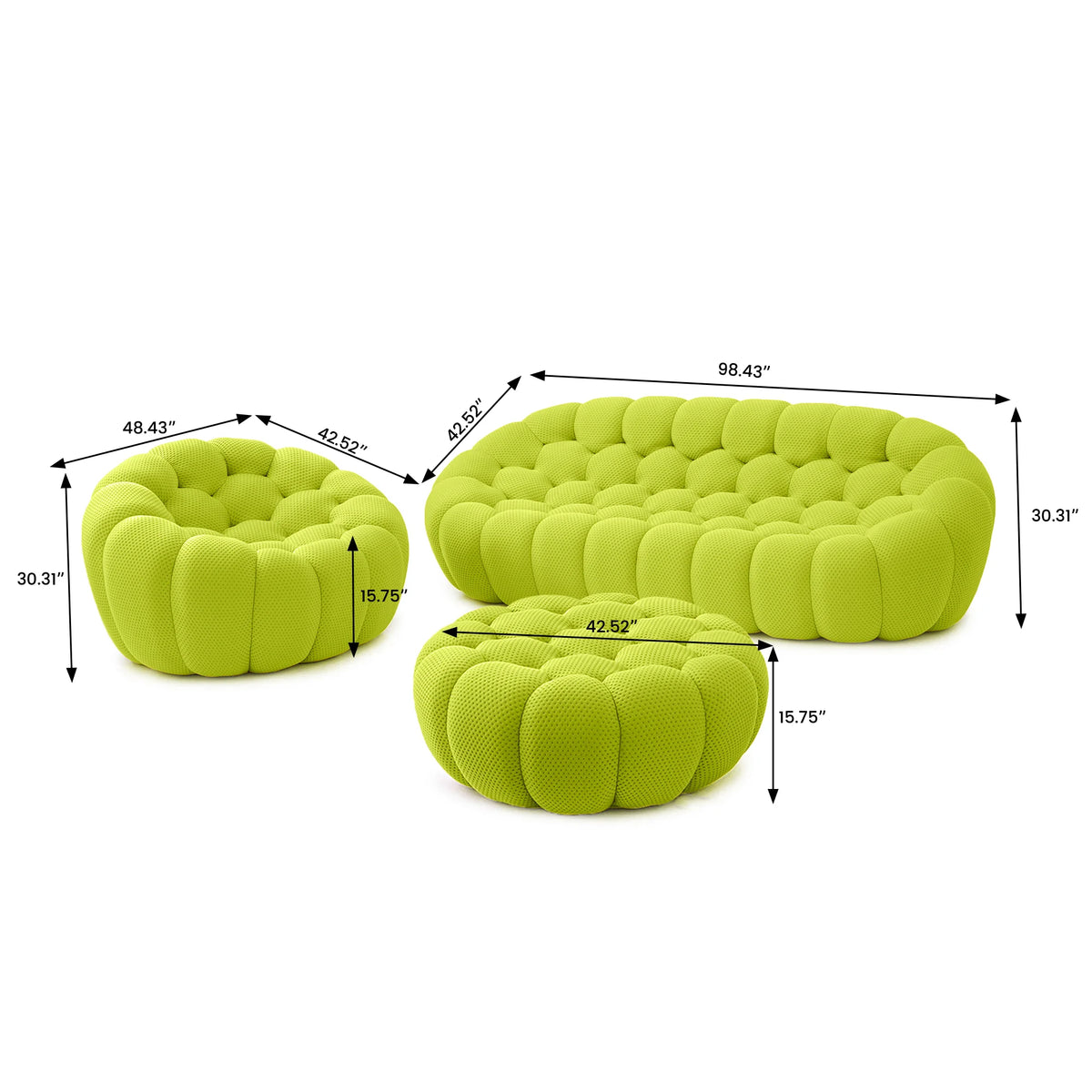 Esenciales juegos de sofá de tela tejida 3D de 4 plazas verde lima | 3 piezas (incluye 1 otomana), tela tejida 3D, apto para apartamentos