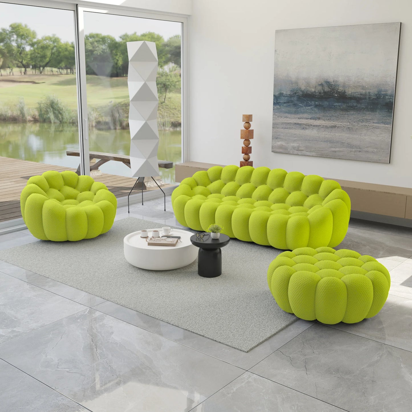 Essential Armless Floor Sofas | 3-Piece 3D Knitted Fabric Lime Green Sofa Sets 4-Seater With 1 Ottoman