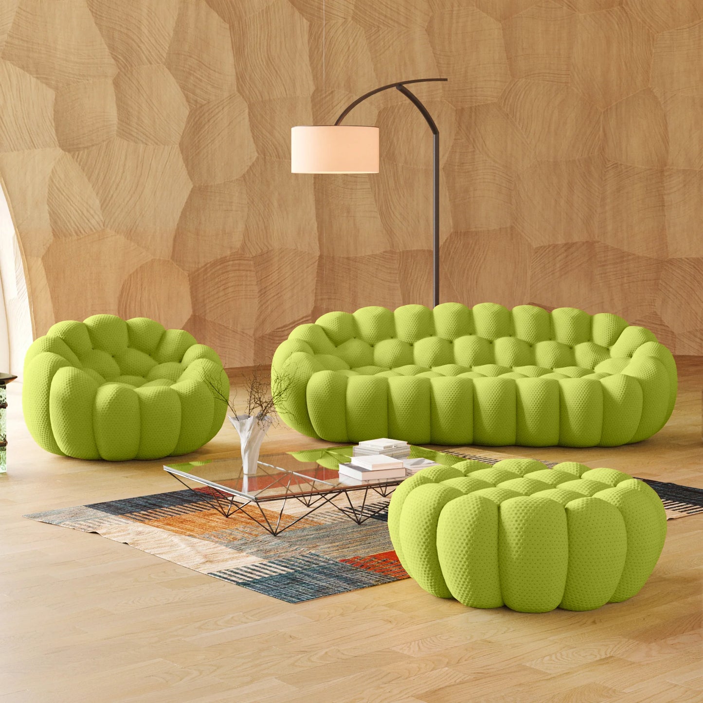 Essential Armless Floor Sofas | 3-Piece 3D Knitted Fabric Lime Green Sofa Sets 4-Seater With 1 Ottoman