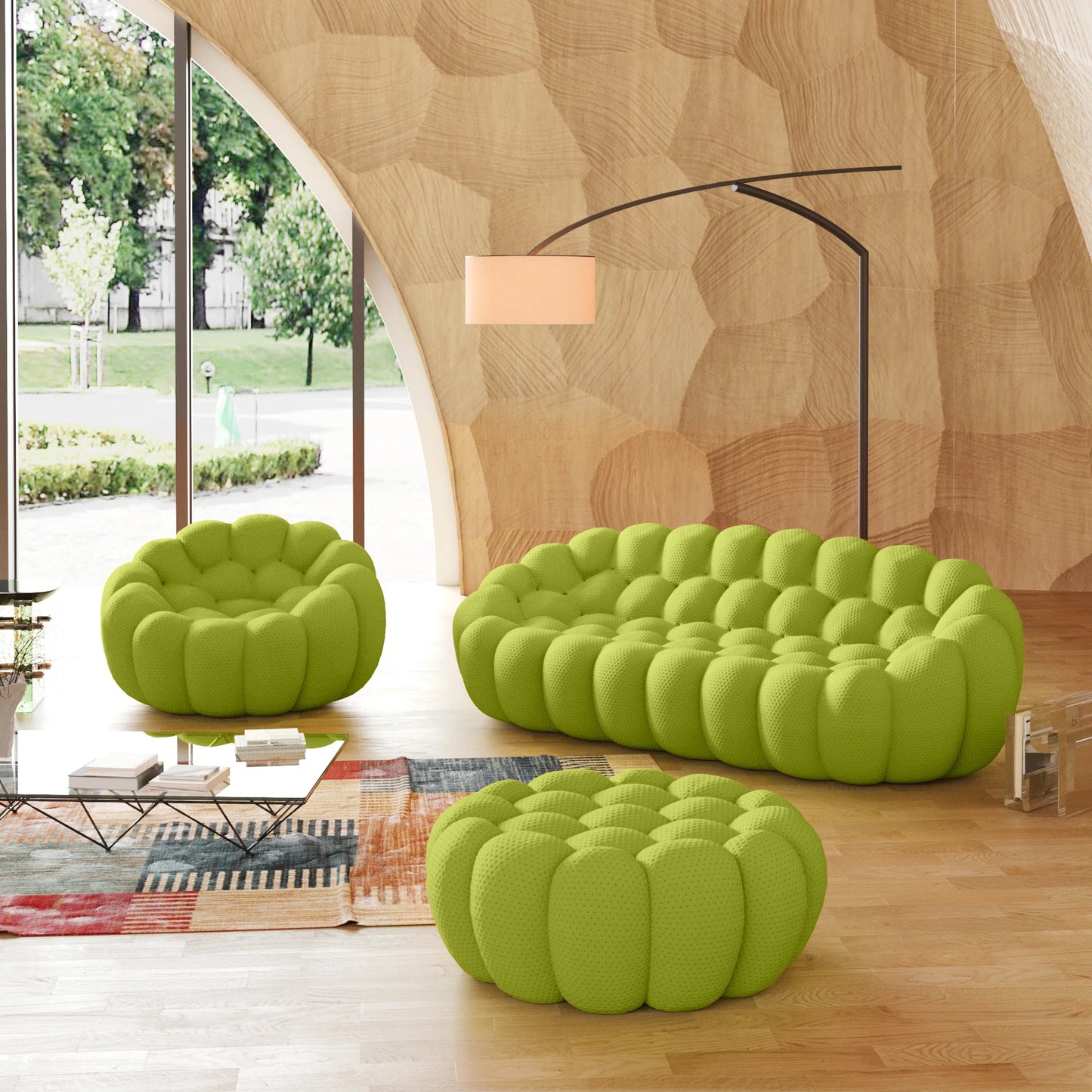 Essential Armless Floor Sofas | 3-Piece 3D Knitted Fabric Lime Green Sofa Sets 4-Seater With 1 Ottoman