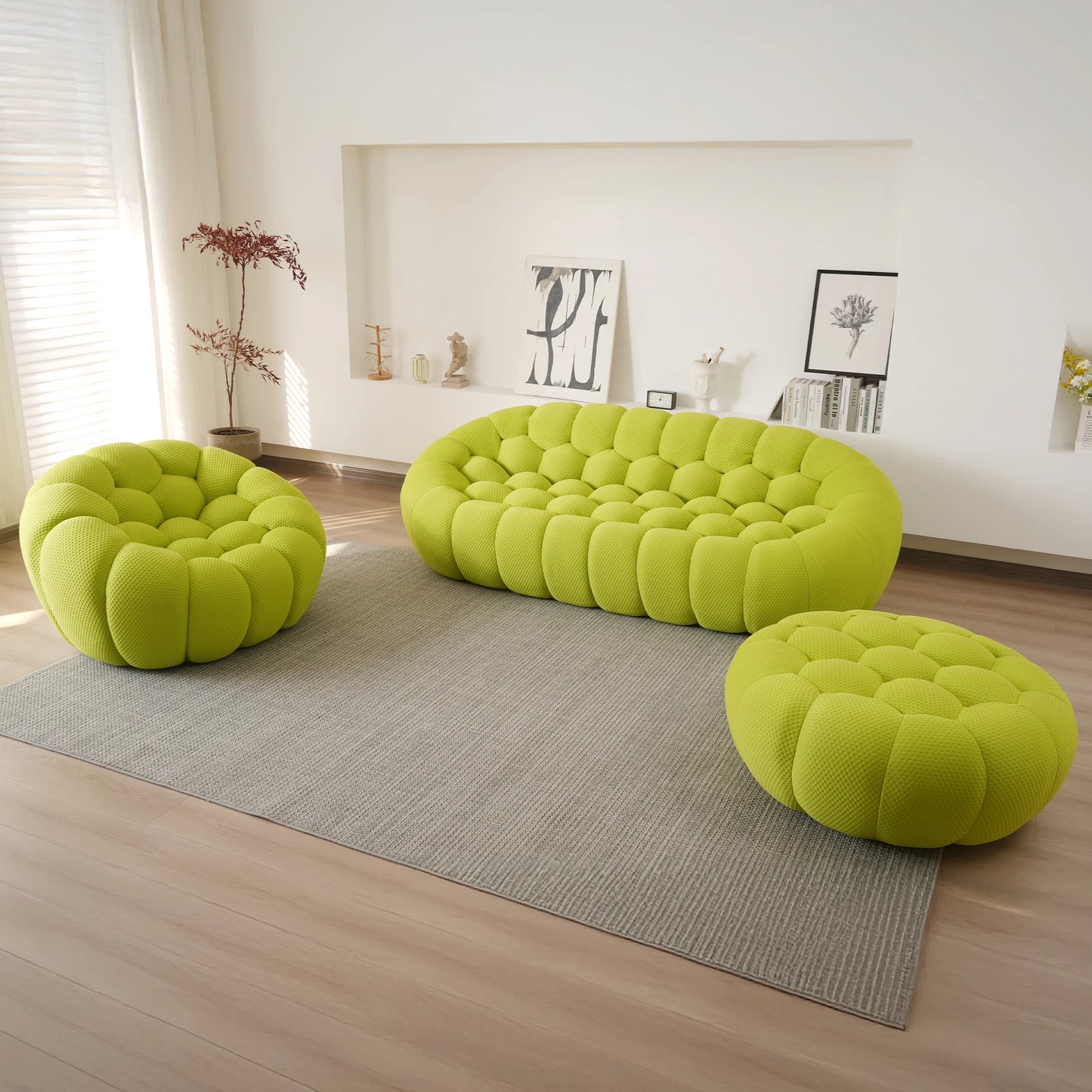 Essential Armless Floor Sofas | 3-Piece 3D Knitted Fabric Lime Green Sofa Sets 4-Seater With 1 Ottoman