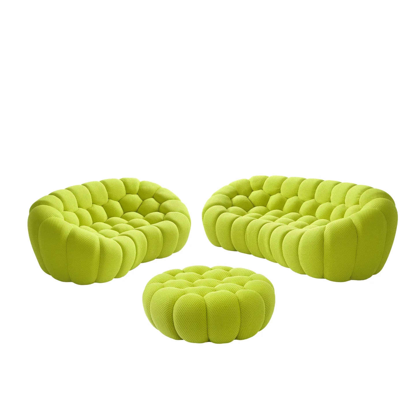 Sofás Essential Arc Boneless | Conjunto de sofás de 3 piezas de tejido de punto 3D verde lima de 5 plazas con 1 otomana