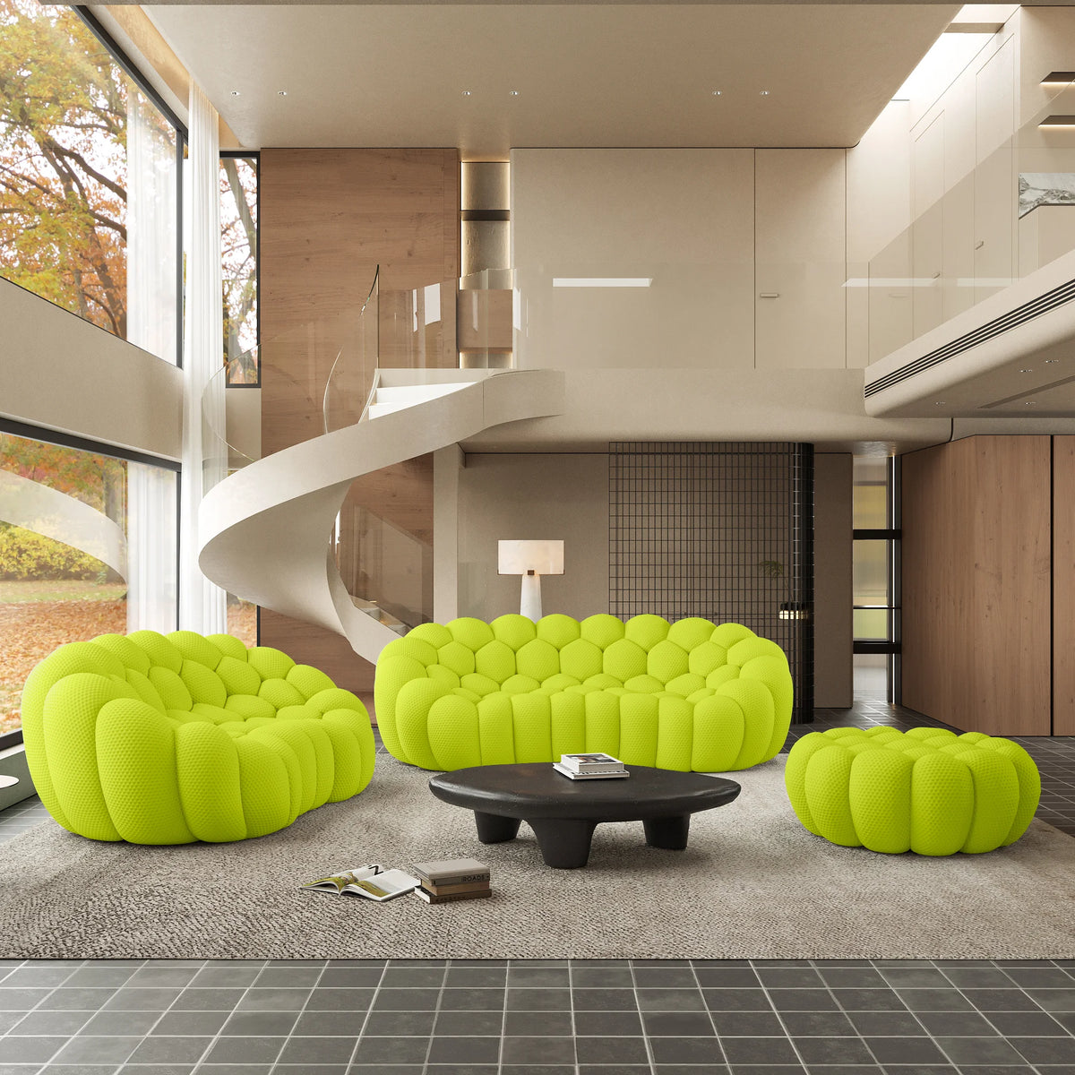 Essential 5-Seater lime-green 3D-Knitted Fabric Sofa Sets | 3-Piece (includes 1 Ottoman), 3D-Knitted Fabric, Large Space