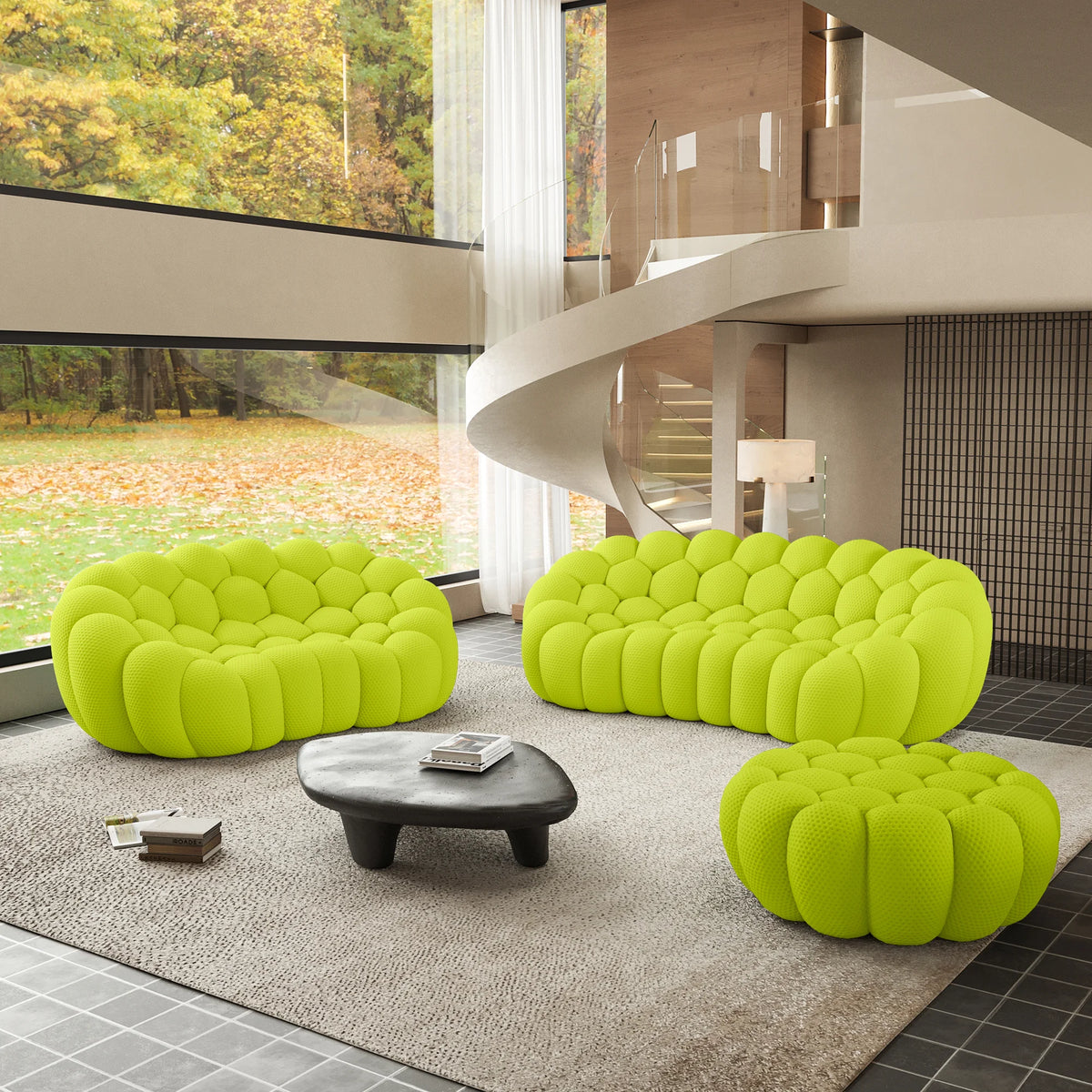 Essential 5-Seater lime-green 3D-Knitted Fabric Sofa Sets | 3-Piece (includes 1 Ottoman), 3D-Knitted Fabric, Large Space
