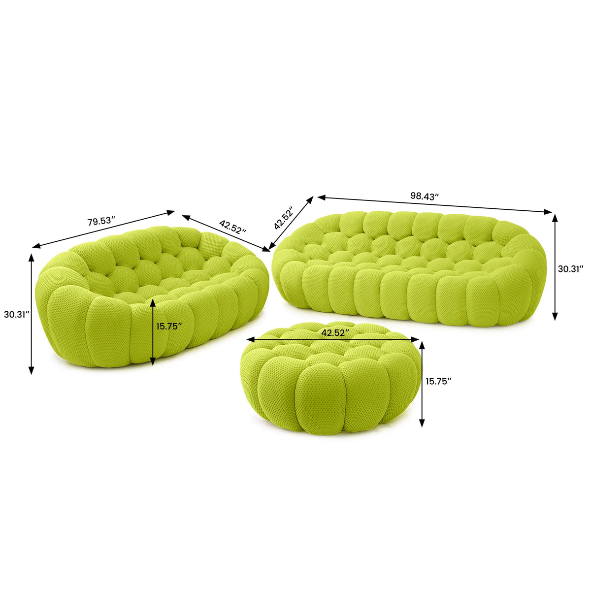 Juegos de sofás esenciales de tela de punto 3D verde lima de 5 plazas | 3 piezas (incluye 1 otomana), tela de punto 3D, espacio grande