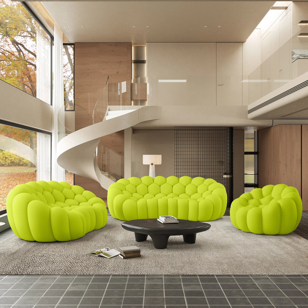 Sofás Essential Arc Boneless | Conjunto de sofás de 3 piezas de tejido de punto 3D verde lima de 6 plazas