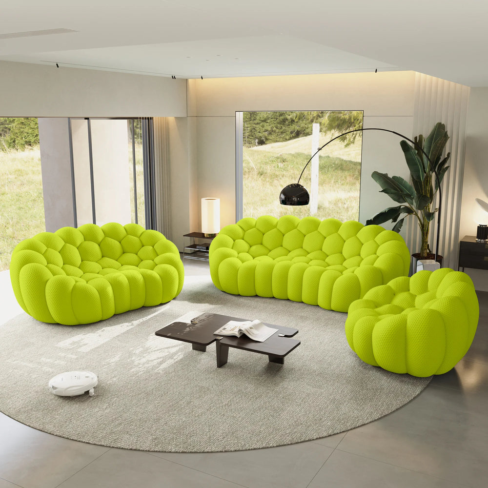 Sofás Essential Arc Boneless | Conjunto de sofás de 3 piezas de tejido de punto 3D verde lima de 6 plazas