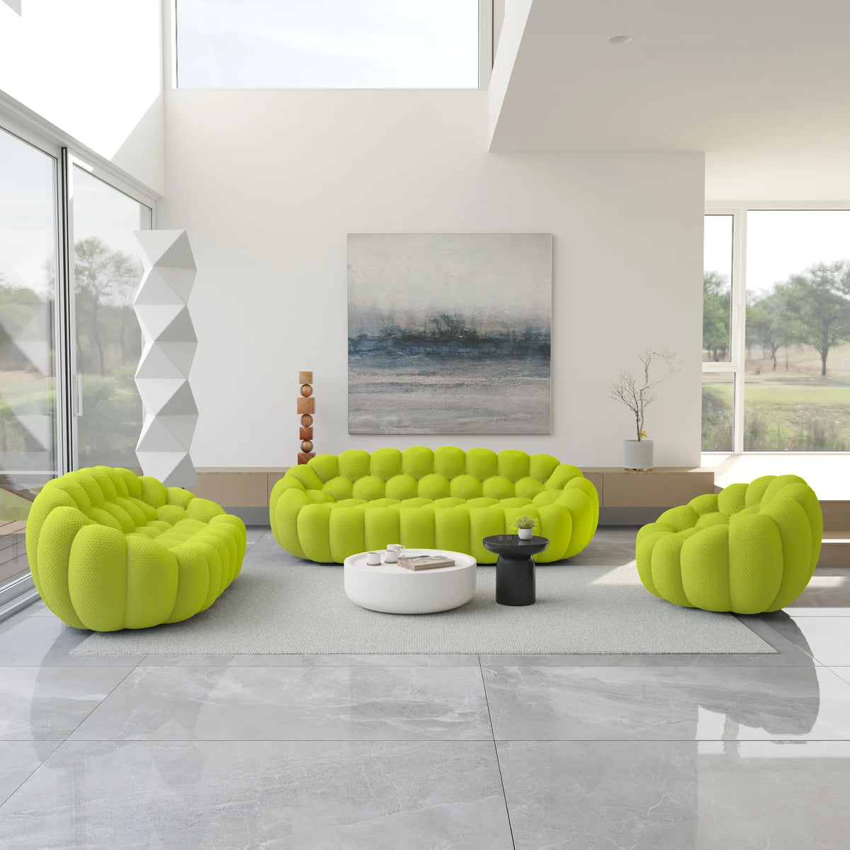 Juegos de sofá esenciales de tela tejida 3D verde lima para 6 personas | 3 piezas, tela tejida 3D, ideal para apartamentos