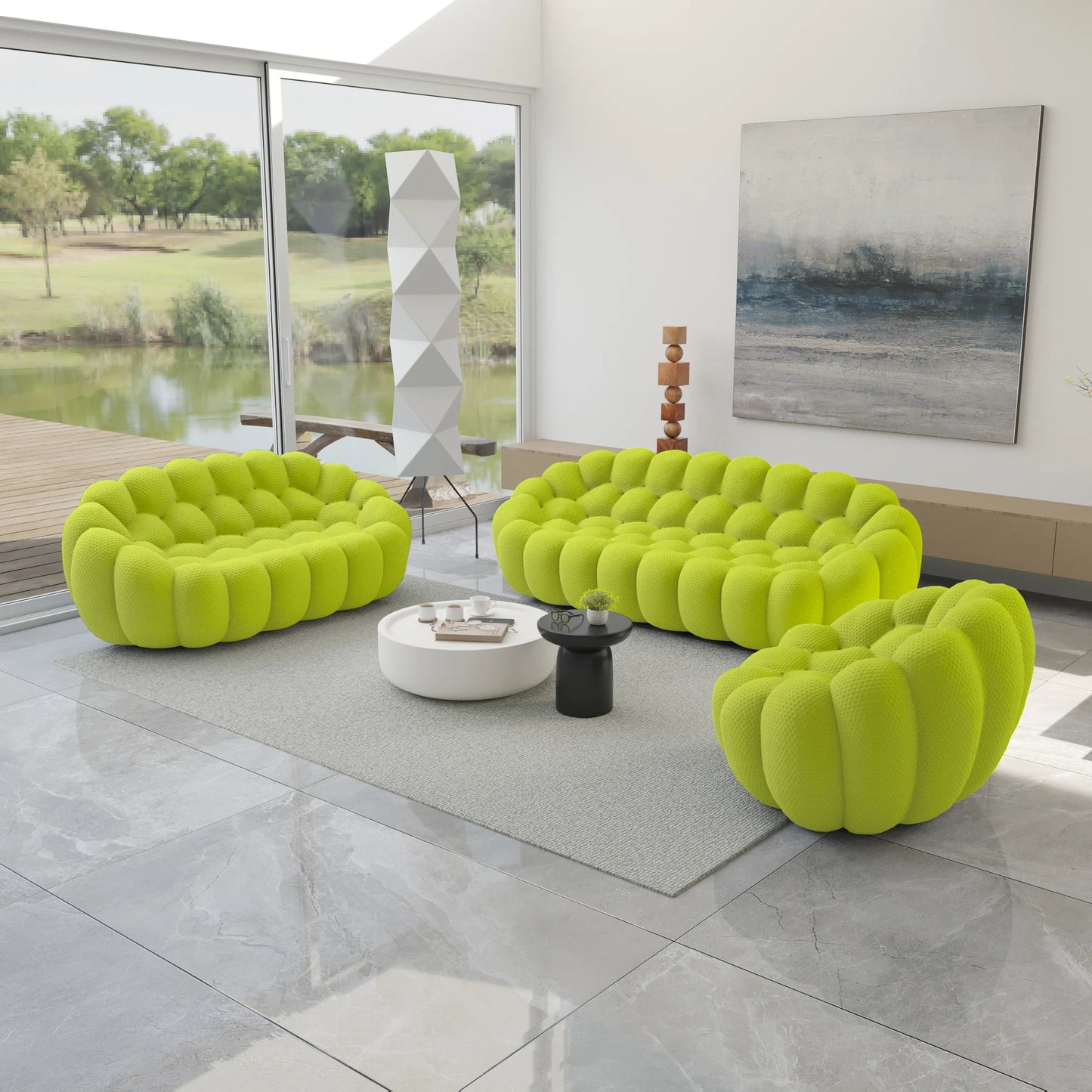 Essential Armless Floor Sofas | 3-Piece 3D Knitted Fabric Lime Green Sofa Sets 6-Seater