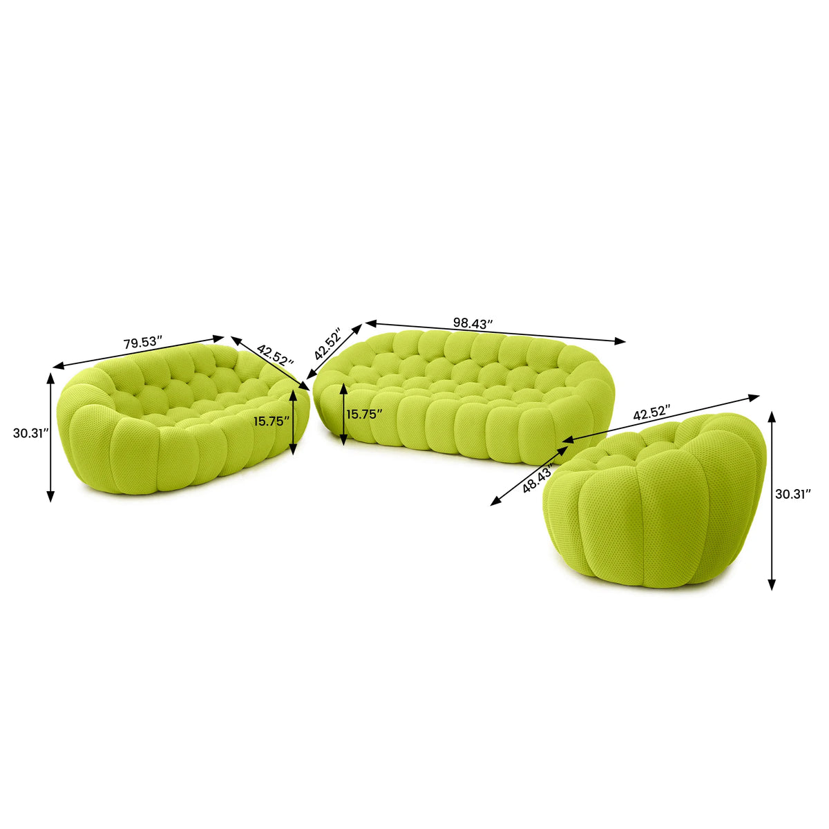 Juegos de sofá esenciales de tela tejida 3D verde lima para 6 personas | 3 piezas, tela tejida 3D, ideal para apartamentos