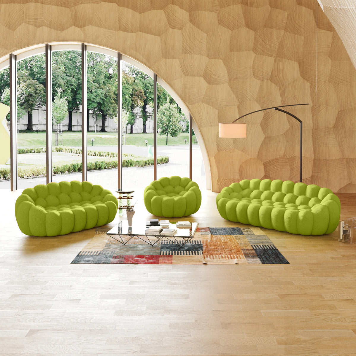Juegos de sofá esenciales de tela tejida 3D verde lima para 6 personas | 3 piezas, tela tejida 3D, ideal para apartamentos
