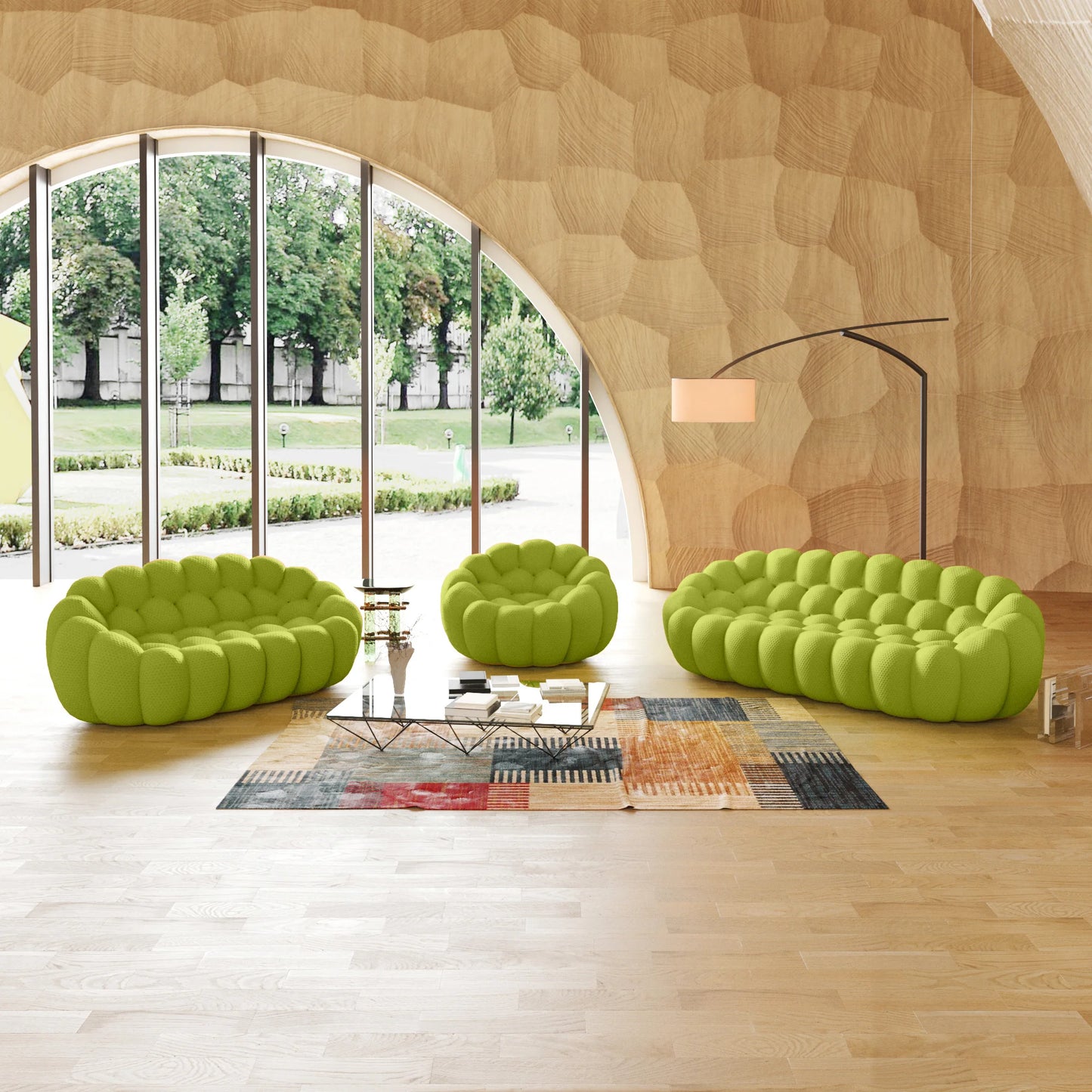 Essential Armless Floor Sofas | 3-Piece 3D Knitted Fabric Lime Green Sofa Sets 6-Seater