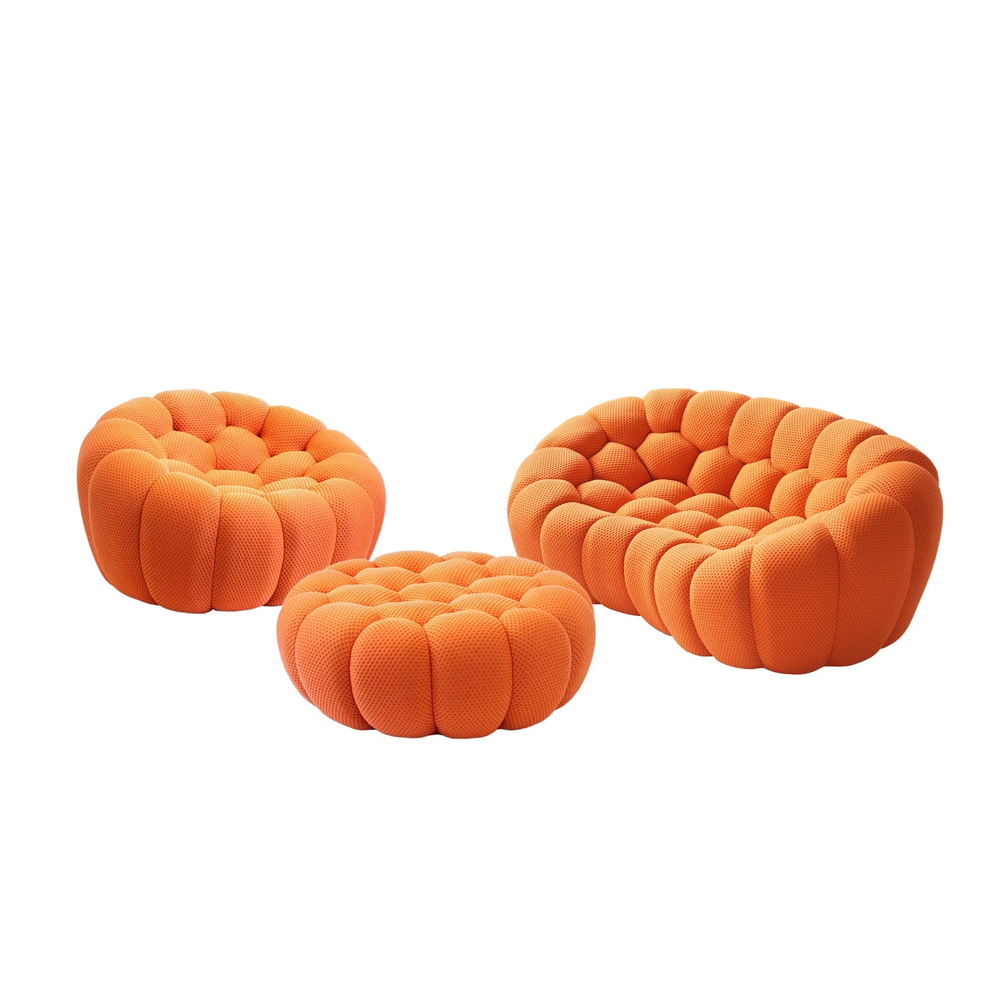 Sofás Essential Arc Boneless | Conjunto de sofás de 3 piezas en tejido de punto 3D naranja, 3 plazas y 1 otomana