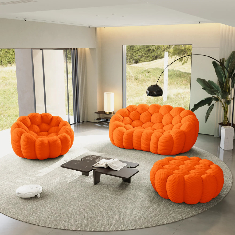 Sofás Essential Arc Boneless | Conjunto de sofás de 3 piezas en tejido de punto 3D naranja, 3 plazas y 1 otomana