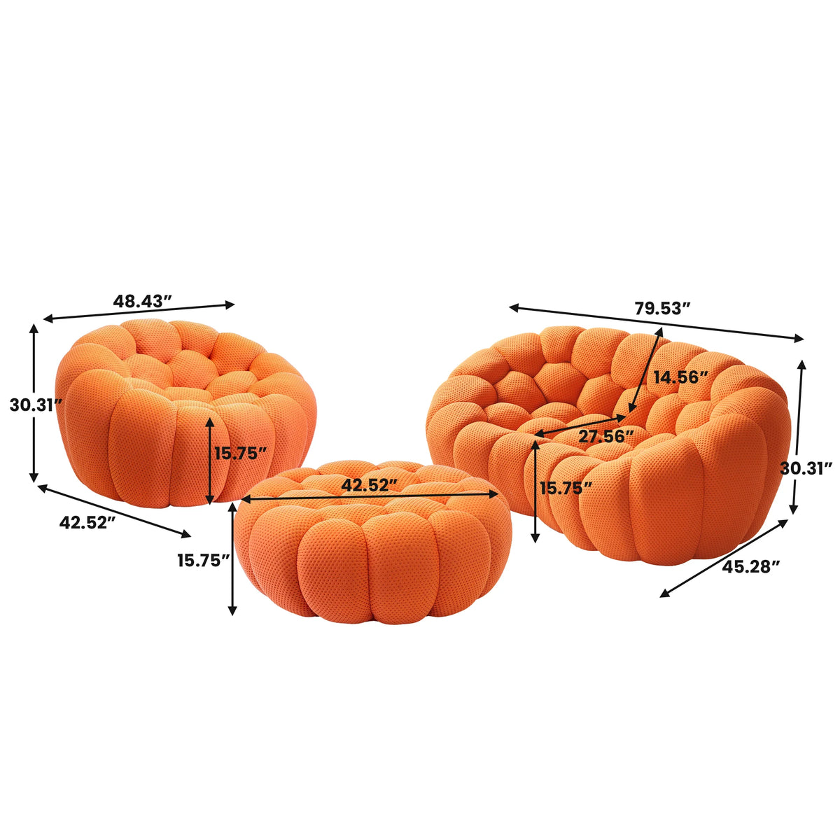 Juegos de sofá Essential de 3 plazas en tejido de punto 3D naranja | 3 piezas (incluye 1 otomana), tejido de punto 3D, para espacios grandes