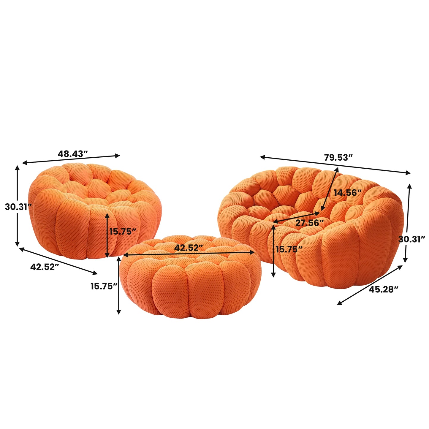 Sofás Essential Arc Boneless | Conjunto de sofás de 3 piezas en tejido de punto 3D naranja, 3 plazas y 1 otomana